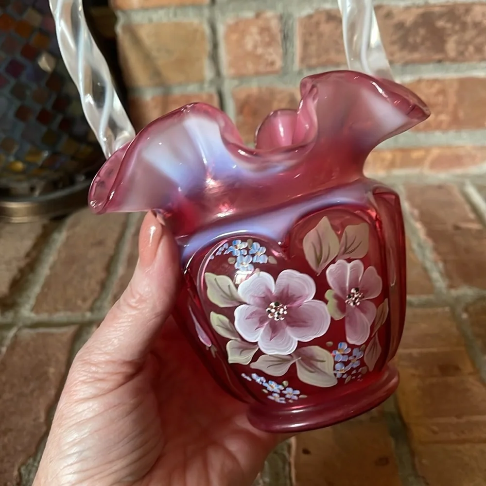 Fenton Cranberry Opalescent Art Glass Hand Painted Floral Basket Signed